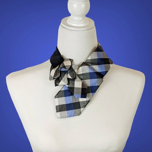 Ogsplosh Unisex Blue Checked Ascot Scarf Made From A Repurposed Necktie NEW - Picture 1 of 6